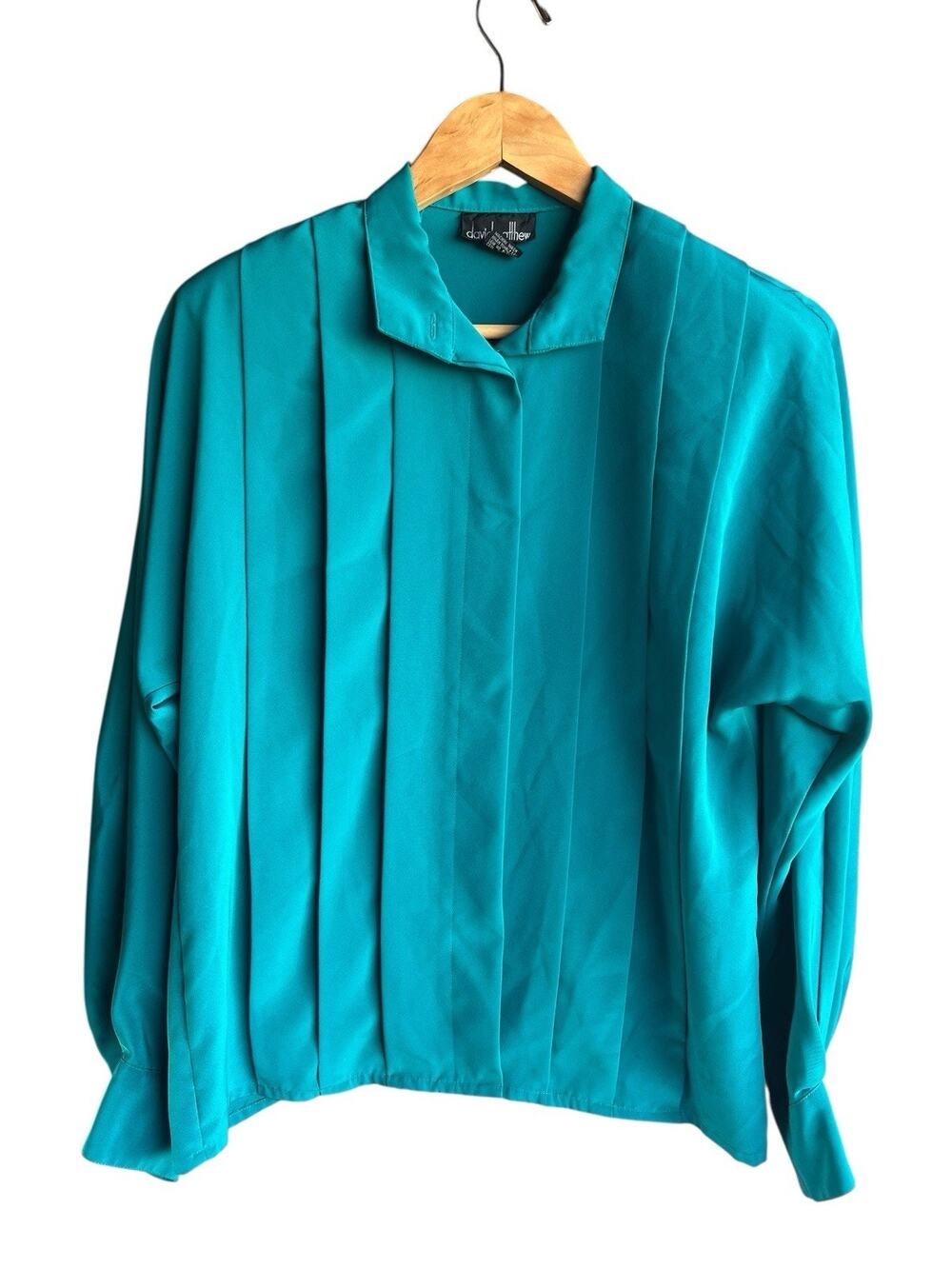 Vtg David Matthew Green Pleated Satin Long Sleeve Career Blouse Sz 6